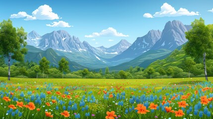 Fototapeta premium Anime style mountains with gradient colorful flower field landscape landscape, spring meadow with flowers and tree blossom with sky in nature background