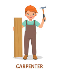 Cute little boy carpenter holding wood and hammer