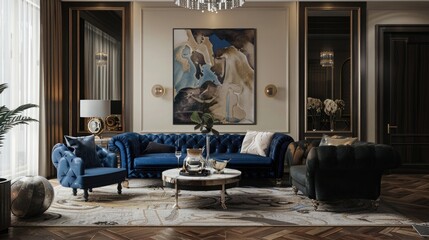 Luxurious art deco style living room with velvet sofas