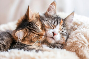 Lovely cat couple sleeping together hug on white fluffy bed. Valentine's Day celebration concept