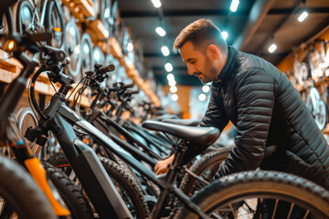 Man looking at electric bikes in a cycle store. Urban lifestyle concept