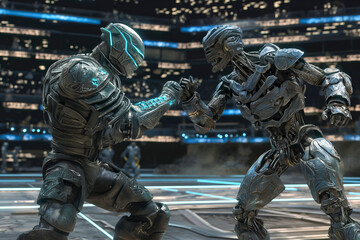 Two futuristic robots engaged in a combat scene on a digitally enhanced platform with a cityscape background.