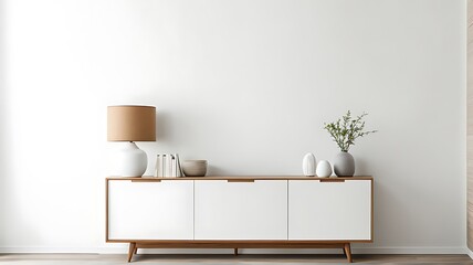  Wooden cabinet and accessories decor in living room interior on empty white wall background 