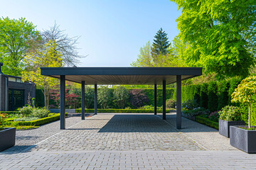 Modern steel carport in a family home. Modern house in the back
