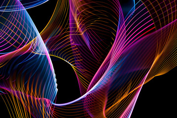 Neon lines intertwining in a futuristic abstract pattern. Unique black background art.