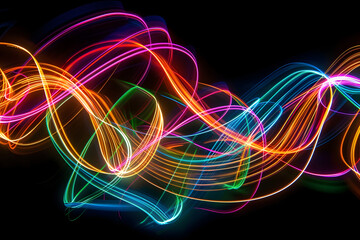 Electric neon swirls dancing with vibrant colors and energy. Dynamic black background art.