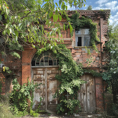 Fototapeta na wymiar Decaying Beauty of a Vintage Brick Building Shrouded in Green Vines