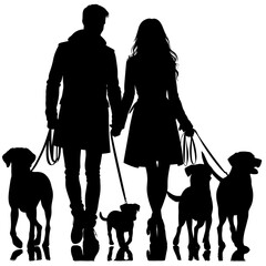 Silhouette of two dog walkers with four dogs in monochrome. White background.