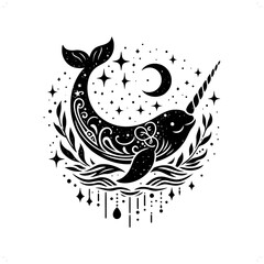 Narwhal silhouette in bohemian, boho, nature illustration