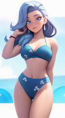 beautiful anime girl with blue hair in blue bikini standing on a beach generative ai