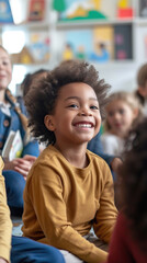 A happy preschooler engaged in creative play at a colorful and interactive learning center