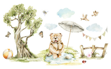 Watercolor nursery summer forest landscape. Hand painted set of cute animal, bear character, baby toys, clouds, sunny grass, tree, garland. Illustration for baby shower design, kids print, posters