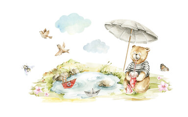 Watercolor nursery summer forest landscape. Hand painted set of cute animal, bear character, baby toys, clouds, sunny grass, tree, garland. Illustration for baby shower design, kids print, posters