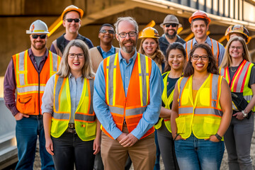 Portrait of engineer man smiling in diverse group of team on construction site