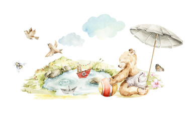 Watercolor nursery summer forest landscape. Hand painted set of cute animal, bear character, baby toys, clouds, sunny grass, tree, garland. Illustration for baby shower design, kids print, posters