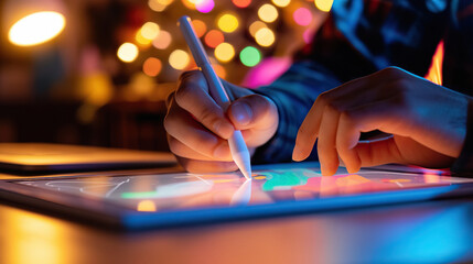A high school student using a digital stylus on a tablet in a minimalist workspace