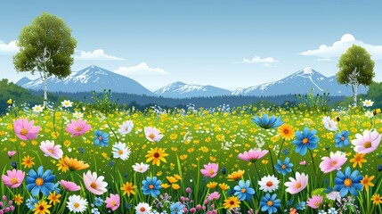 
Anime style mountains with gradient colorful flower field landscape landscape, spring meadow with flowers and tree blossom with sky in nature background