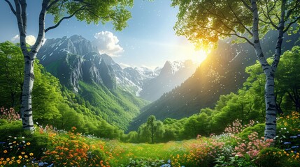
Anime style mountains with gradient colorful flower field landscape landscape, spring meadow with flowers and tree blossom with sky in nature background