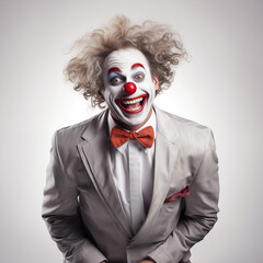 Happy business clown with gray suit in white background