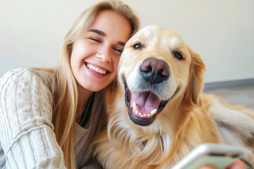 Saving memories with pet. Smiling woman with blond hair snuggling to furry friend and taking selfie on modern cell phone. Obedient golden retriever lying on floor near delighted female owner