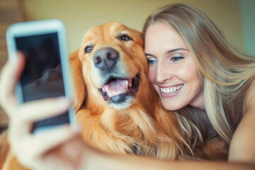 Saving memories with pet. Smiling woman with blond hair snuggling to furry friend and taking selfie on modern cell phone. Obedient golden retriever lying on floor near delighted female owner