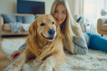 Saving memories with pet. Smiling woman with blond hair snuggling to furry friend and taking selfie on modern cell phone. Obedient golden retriever lying on floor near delighted female owner