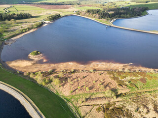 High Angle View of Most Beautiful British Landscape at Redmires Water Reservoirs over Hills of...