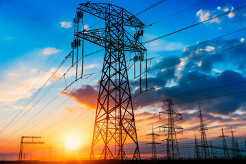 Silhouette of High voltage electric tower on sunset time background