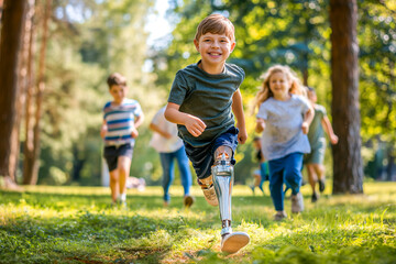Smiling little boy with prosthetic leg running on field with his friends