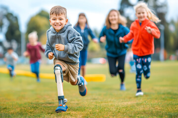 Smiling little boy with prosthetic leg running on field with his friends