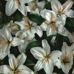 Seamless pattern of white lily flowers in the garden, aerial view, close-up shot