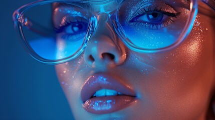 Close-Up of Woman in Futuristic Blue Chrome Sunglasses with Glitter Makeup