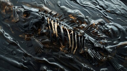 Fish skeleton entrapped in oil pollution