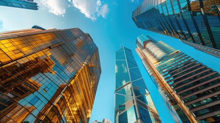 Modern golden glass buildings in Hong Kong city