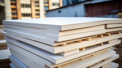 Stack of insulation panels at a building site, focus on material and thermal properties,