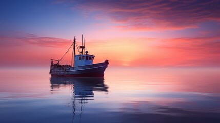 Fototapeta premium Fishing boat heading out to sea at sunrise, peaceful and serene,