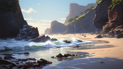 Obraz premium Quiet beach cove with small waves lapping, surrounded by rocky cliffs and early light,