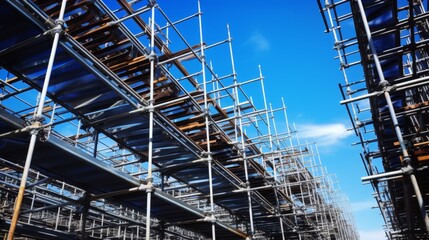 Fototapeta premium Rows of metal scaffolding against a clear blue sky, emphasizing structure and patterns,