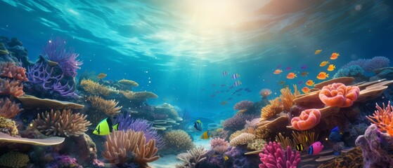 Peaceful coral reef underwater scene with tropical fish, vibrant corals and filtered sunlight,