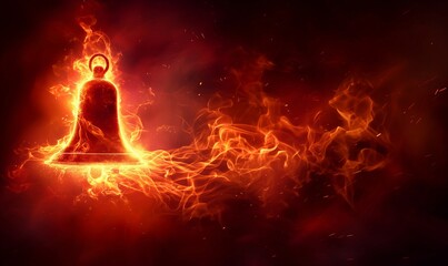 Golden bell outline surrounded by flames on a dark red background. Fire concept artwork representing alert, danger, or a call to action for design and print.
