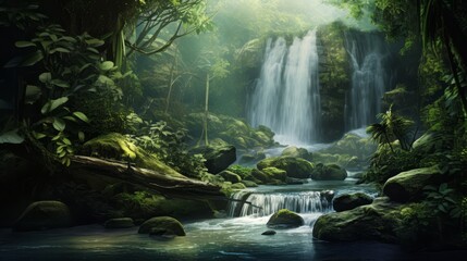 Tranquil rainforest waterfall with lush greenery, cascading water, and a misty environment,