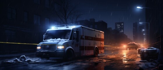 Police line at a nighttime urban crime scene, with scattered evidence and an ambulance's flashing lights visible,