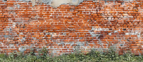 An old, red-brick wall from an aged building serves as a backdrop in the image.