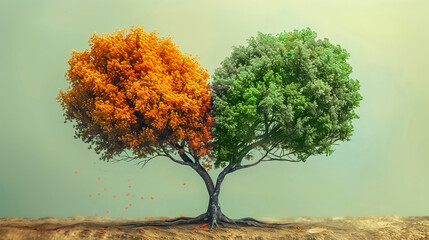 Split tree with one half in autumn orange and the other in vibrant green, set against a soft background. Seasonal change and nature concept. Design for poster, wallpaper.