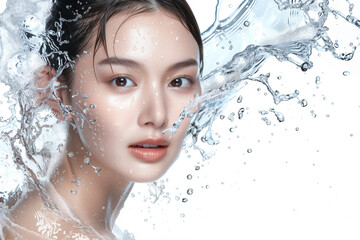 水を浴びるアジア人女性、ビューティー、美容イメージ