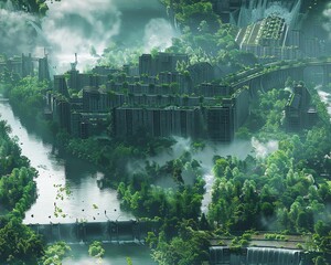 Craft a futuristic scene where hydroelectric dams dominate a flooded city