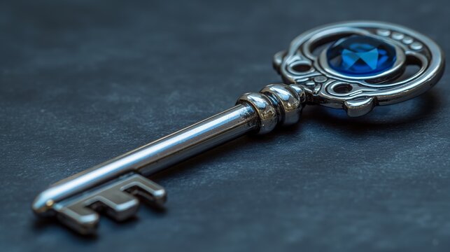 Ornate key with blue gemstone on dark background, close-up with selective focus, luxury and mystery concept.