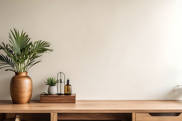  Wooden cabinet and accessories decor in living room interior on empty white wall background 