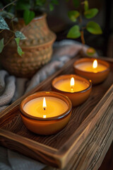 Aromatic candles arranged on a wooden tray