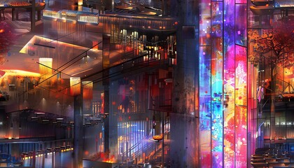 Design a visually stunning fusion of watercolor and photorealistic digital art style to depict a futuristic dining experience